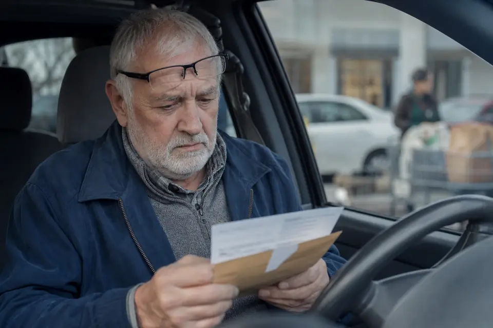 Older man reading an opened letter while sitting in his parked car