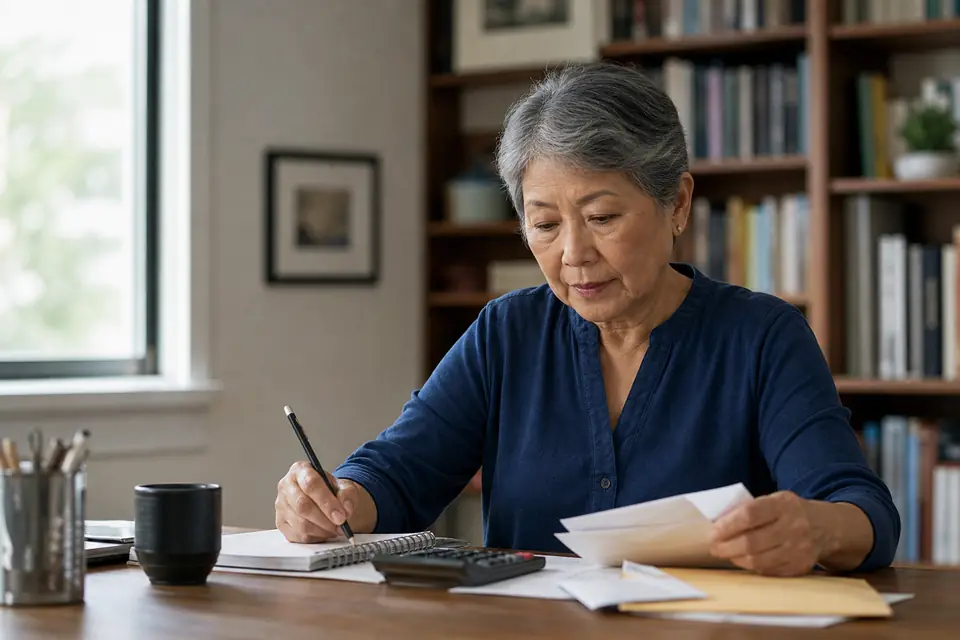 Retired woman checking figures with a calculator at a home desk