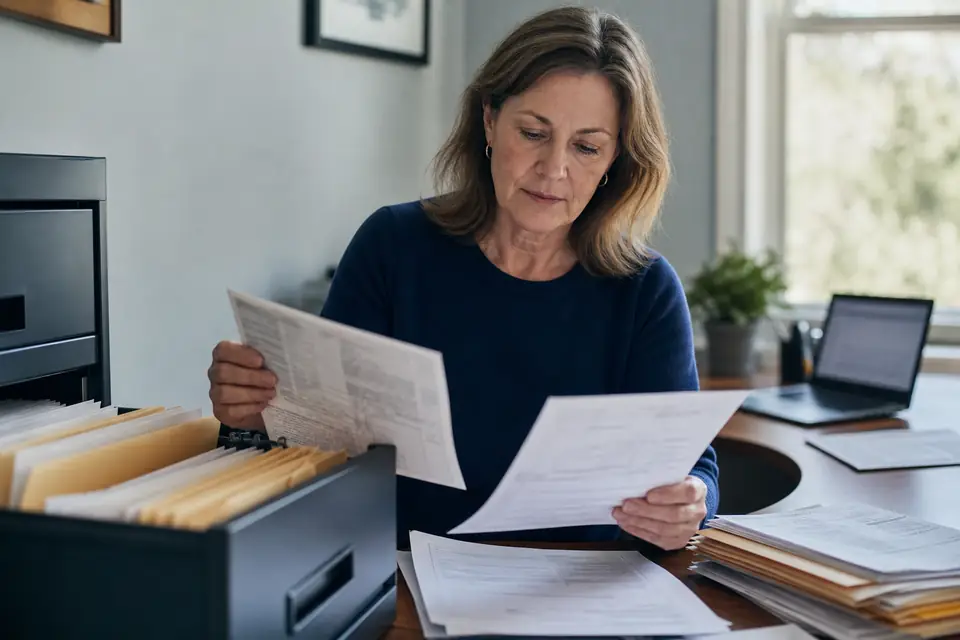 Woman comparing dates on old tax returns at a home office desk