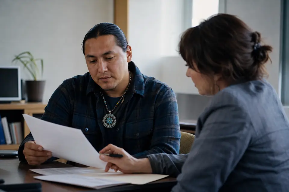 Man meeting with a counselor at a community legal aid office desk