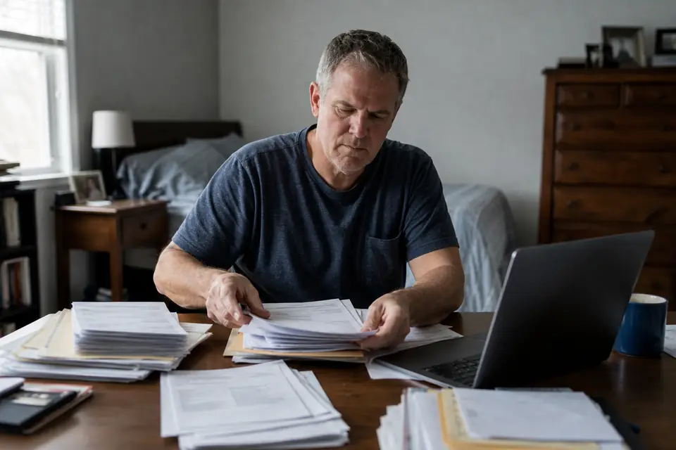 Man sorting old tax forms into piles by year at a home desk
