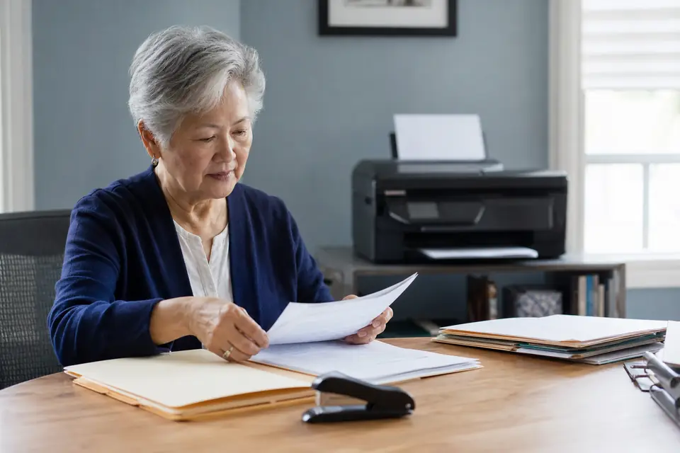 Woman sorting printed tax forms into folders at a home office table