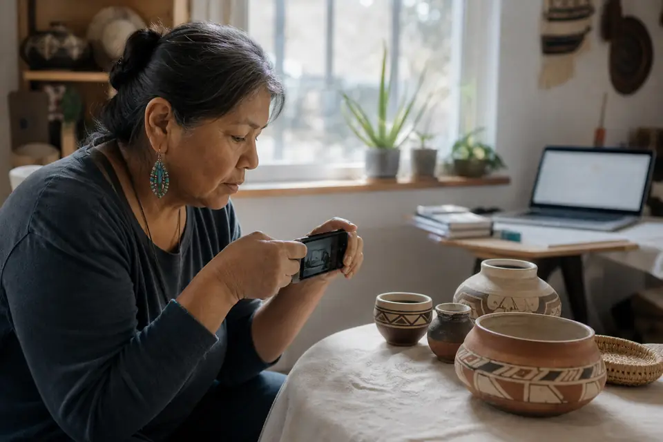 Woman photographing handmade pottery at home to sell online