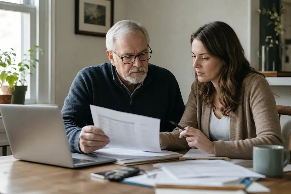 Father and adult daughter planning finances together at a laptop