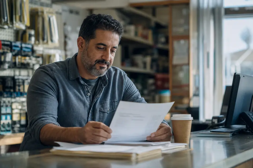 Hardware store owner reading a letter calmly at his shop counter