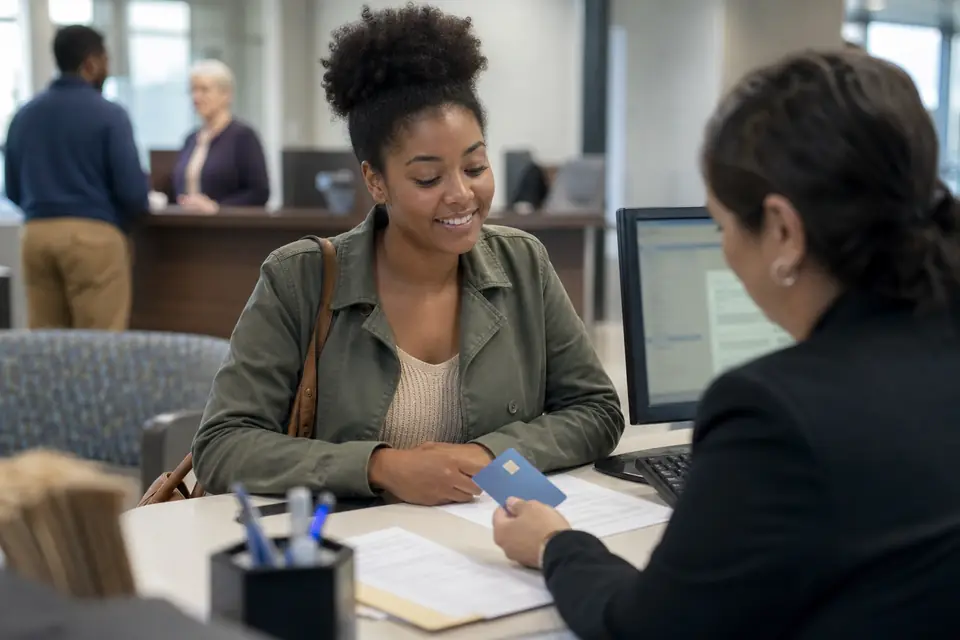 Woman opening a checking account with a credit union teller