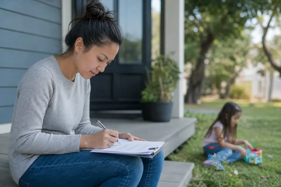 Young mother filling out a form on a clipboard on her front porch