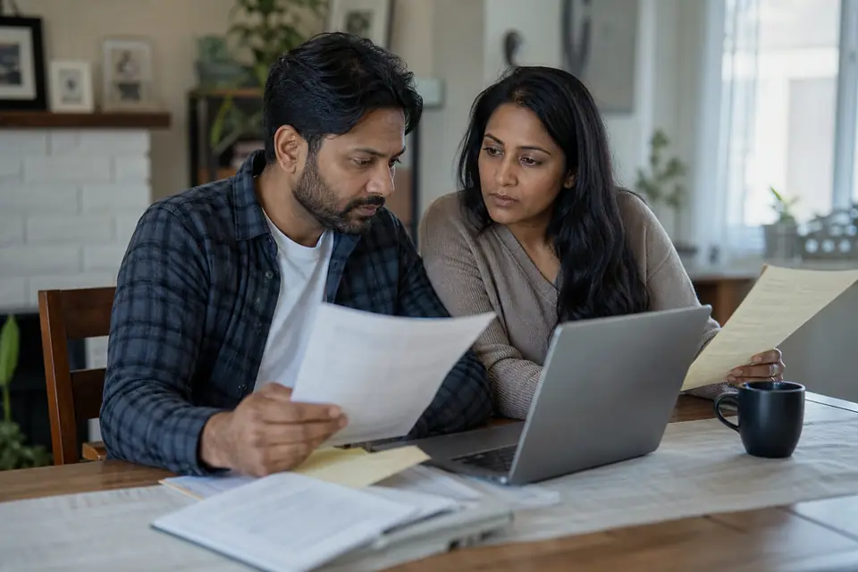 Couple reviewing a printed tax return and a notice beside a laptop
