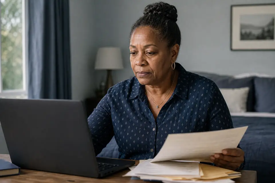 Woman checking online banking on a laptop while holding a letter