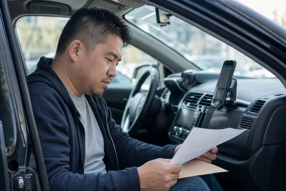 Rideshare driver in a parked car reading a letter and checking his phone