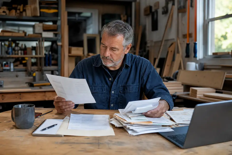 Carpenter in his garage workshop comparing a tax letter with invoices
