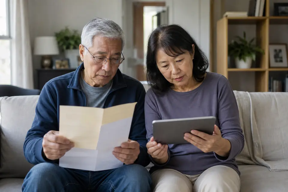 Older couple on a sofa reviewing an opened letter and a bank statement