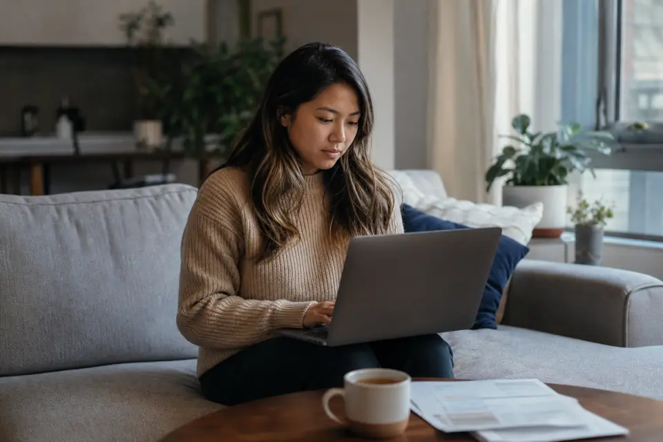 Young woman on a couch with a laptop and a paper statement