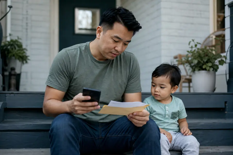 Young father on a porch step checking his phone with an opened envelope