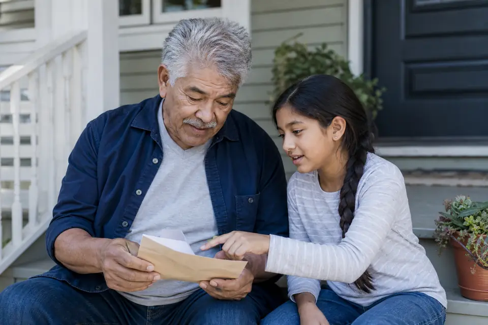 Grandfather on a porch step reviewing a letter with his granddaughter