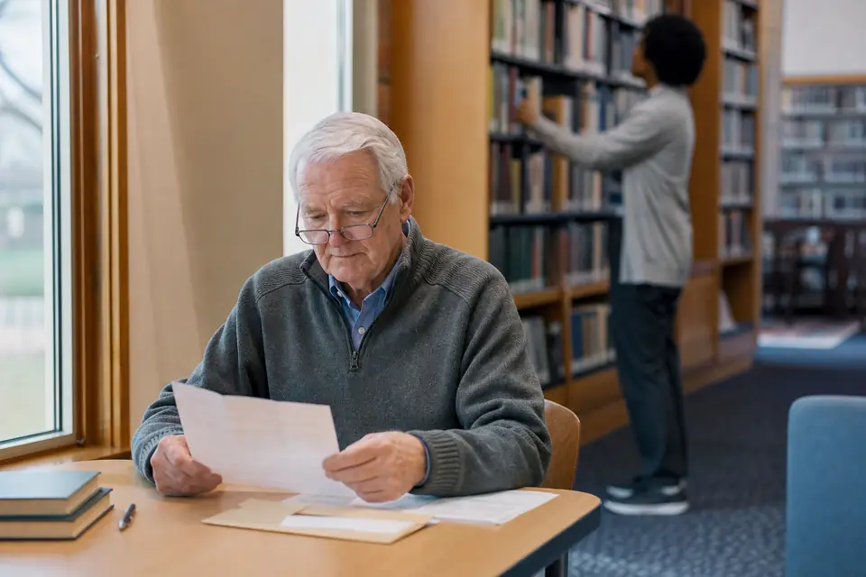 Retired man reading a letter at a public library desk