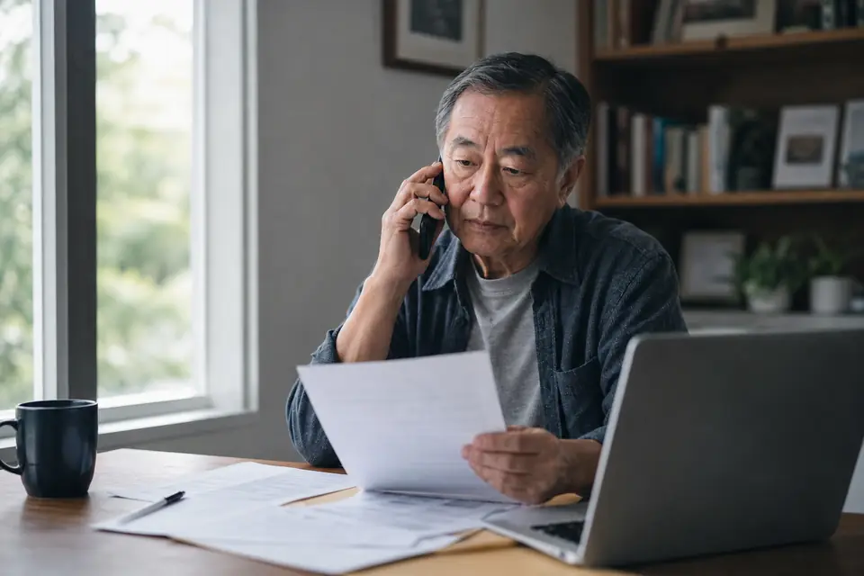 Older man on the phone at a desk with a letter and tax return