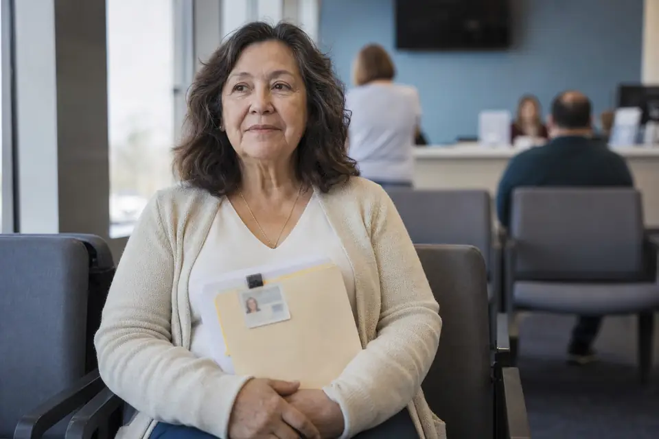Woman in a waiting area holding a folder of identity documents