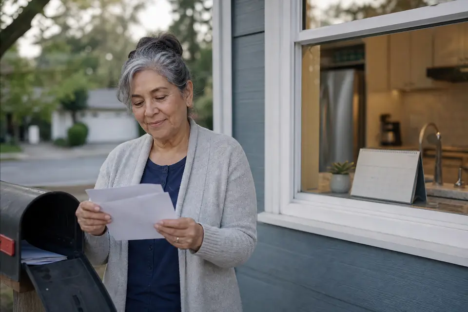 Older woman opening a letter at her mailbox on a quiet street