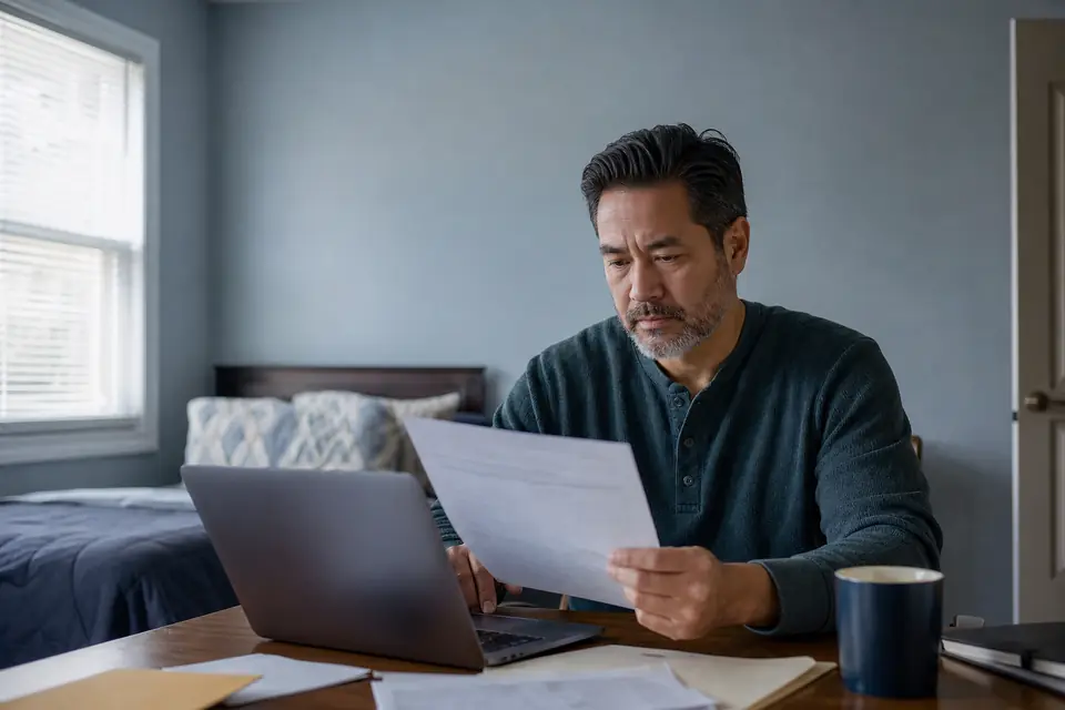 Man at a home desk comparing a tax letter with figures on his laptop